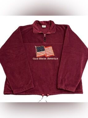 XNT Vtg Maroon Fleece Embroidered God Bless America Flag Sweatshirt Size XL